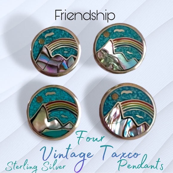 4 Vintage TAXCO hecho en Mexico friendship pendants rainbows mountains sun inlay